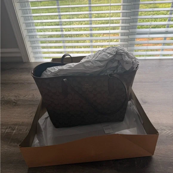 Coach Brown Monogram Tote with Leather Trim - Picture 2 of 4